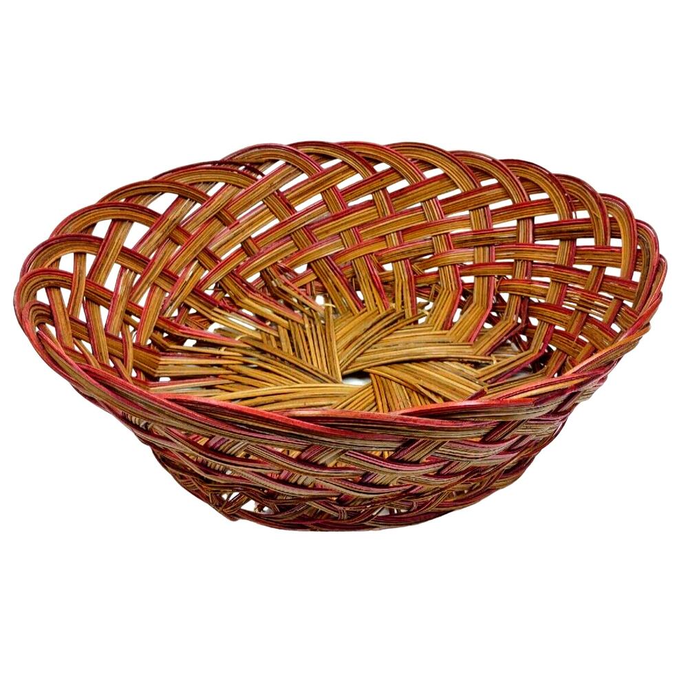 Vintage Hand Woven Wicker Reed Round Basket 13" x 5" Two Tone Ratan Boho